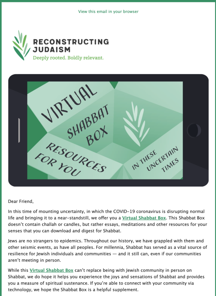 Phone displaying Virtual Shabbat Box: Resources for You in These Uncertain Times under Reconstructing Judaism logo.
